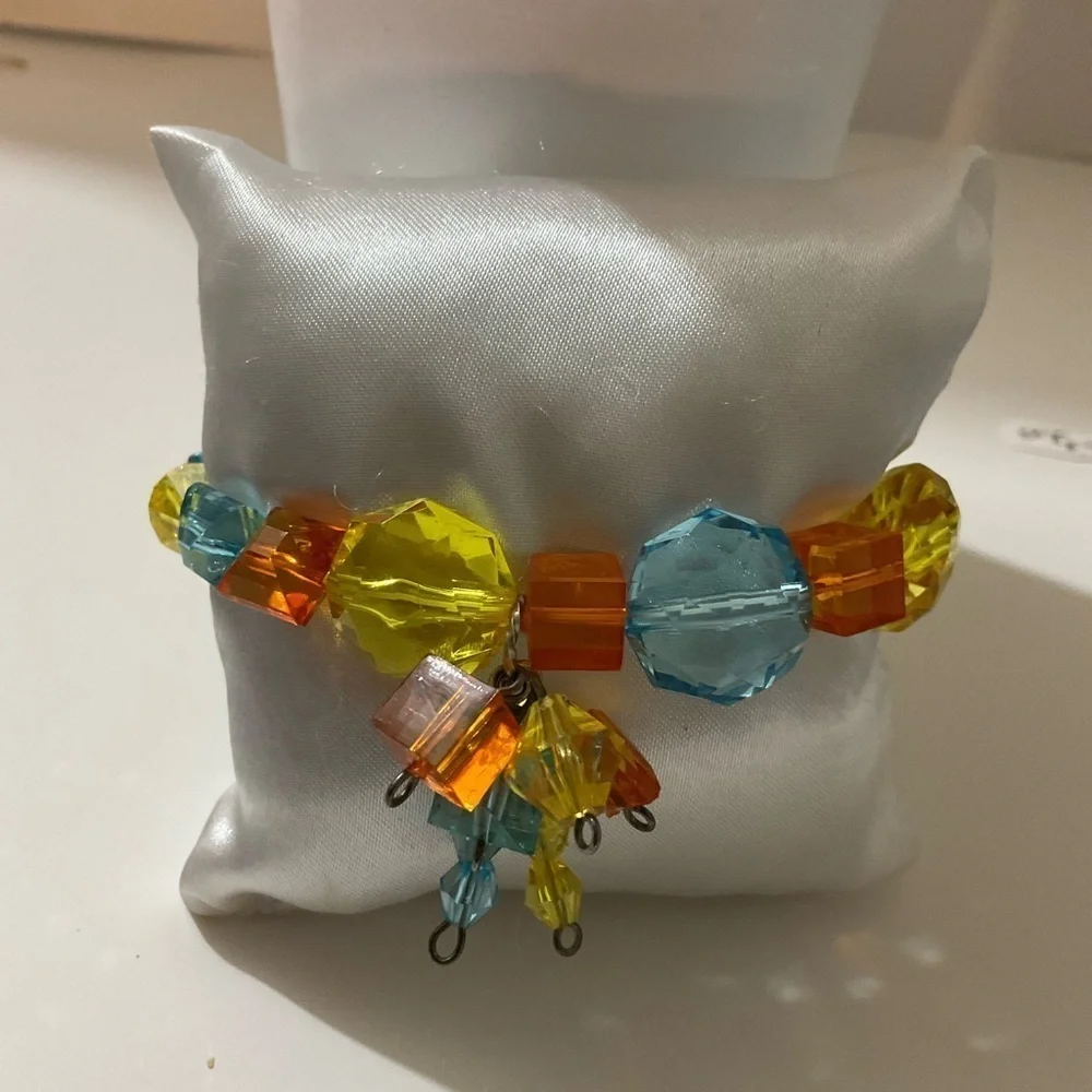 Hand Crafted Stretch Bracelet Set Crystals with Dangles Blue Orange Yellow